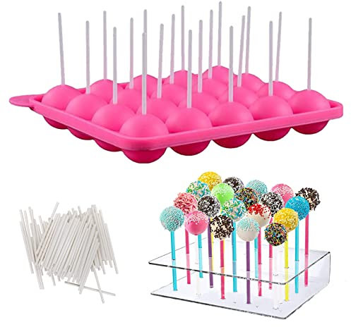 XNSHUN Cake Pop Formen Und Cake Pop Halter, 20 Runde Cake Pop Backform Silikon Mit 20 Löcher Lollipop Halter Ständer Und 200 Cake Pop Stick, Cake Pop Form Set Für Party Hochzeit Süßigkeiten Machen