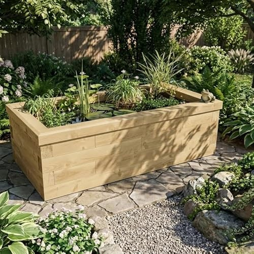 WoodBlocX Raised Pond Kit- Wooden Garden Pond For Fish, Plants & Other Wildlife. Outdoor Water Features For The Garden- Easy To Install & No Power Tools Needed -(1.5 x 0.75 x 0.45m)