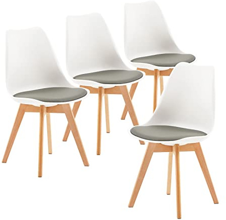 EGGREE 4er Set Esszimmerstühle mit Massivholz-Buchenbeinen, SGS-geprüft Skandinavisches Design, gepolsterte Küchenstühle aus PU-Leder, Essstühle, Weiß & Grau
