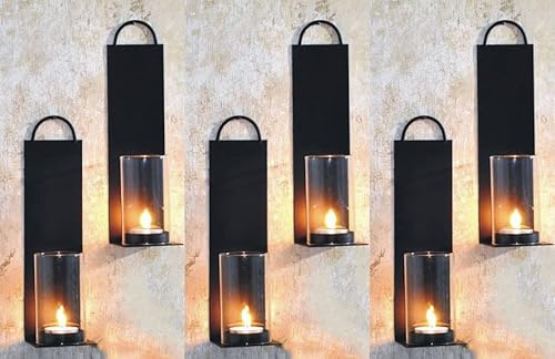 Novaliv 6X Wandkerzenhalter aus Metall mit Glas 7 x 7 x 25,5 cm Schwarz Kerzenhalter Teelichterhalter Wohnzimmer Dekoration Wanddeko Kerzen Vintage Deko Teelicht Wandhalter