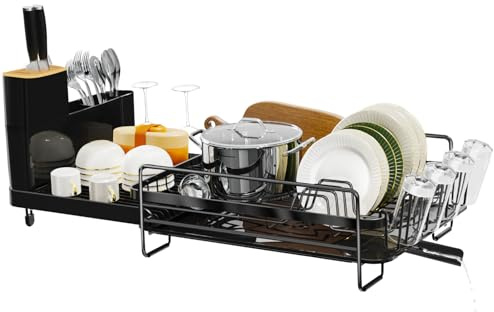 Runnatal Dish Drying Rack Extendable, Large Dish Rack with Drainboard, Utensil Holder, Cup Holder, Expandable Dish Drainer for Kitchen Counter, 20.5-27.6 L x 12.6 W