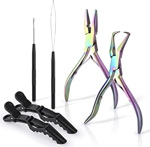 EHDIS Kit de extensiones de cabello, con 2 pinzas para fijar y quitar extensiones de microanillos, 1 gancho, 1 enhebrador de lazo, 2 horquillas, juego de extensiones de pelo con microanillos, titanio
