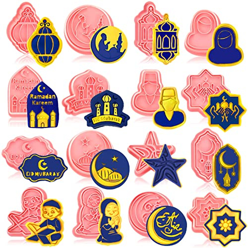 16 Pieces Eid Mubarak Cookie Cutters with Plunger Stamps Set Ramadan Islamic Muslim Biscuit Mold Star Lantern Moon 3D Cookie Stamper Mini Ramadan Plastic DIY Tools for Baking Fondant Supplies