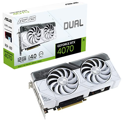 Asus Dual GeForce RTX 4070 White Edition, Tarjeta Gráfica Gaming (PCIe 4.0, 12 GB GDDR6X, DLSS 3, HDMI 2.1, DisplayPort 1.4a, diseño de 2,55 Ranuras, Ventilador Axial-Tech, tecnología 0dB)
