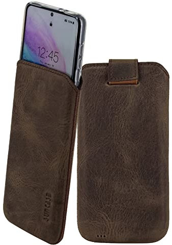 Suncase Etui Tasche kompatibel mit Samsung Galaxy S23 FE 5G Hülle mit ZUSÄTZLICHER Case/Schale/Bumper Lasche mit Rückzugfunktion Handytasche Ledertasche Schutzhülle in antik-braun