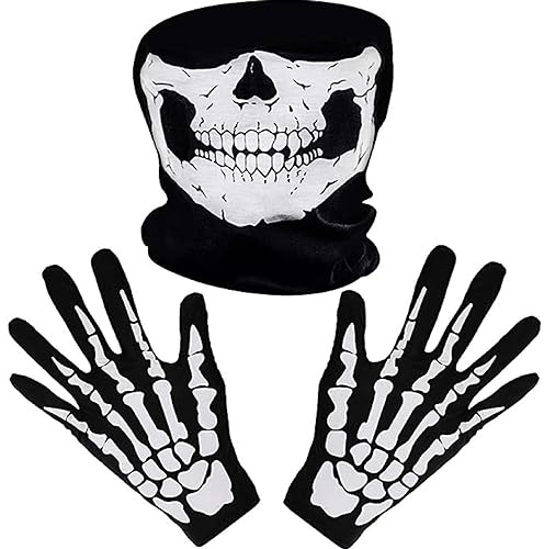 Kiuiom Skelett Handschuhe,Totenkopf Maske,Knochenhandschuhe,Schädel Gesichtsmaske und Schädel Handschuhe,3PC Halloween Handschuhe Halloween Partyzubehör Halloween Kostüme Kostüm Cosplay Zubehör Prop