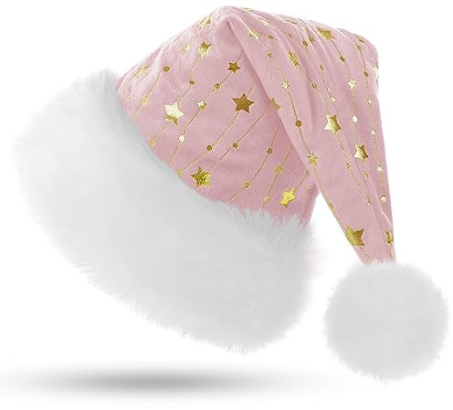 KONVINIT Plüsch Weihnachtsmütze Erwachsene Nikolausmütze mit Goldener Stern und Doppelfütterung rosa Santa Claus Mütze für Herren und Damen,Nikolaus Kostüm Zubehör,rosa