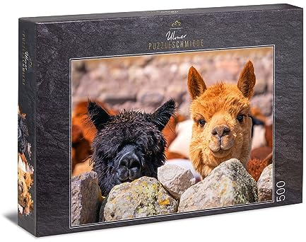 Ulmer Puzzleschmiede - Puzzle „Alpaka“ - Klassisches 500 Teile Tier-Puzzle – Puzzlemotiv aus Südamerika mit freilebenden Alpakas in den Anden, frech versteckt hinter Einer Stein-Mauer