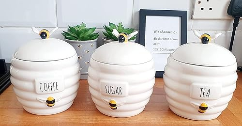 WiseAccordio Set of 3 Beehive Honeycomb Ceramic Canister|Tea Coffee Sugar Jar Kitchen Storage Set |Silicone sealed lid |Hand-painted bees & sign (3)