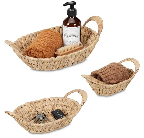 Relaxdays Pack 3 Cestas Almacenaje, Jacinto de Agua, Cajas Almacenamiento Ovaladas 3 Tamaños, Baño y Cocina, Natural