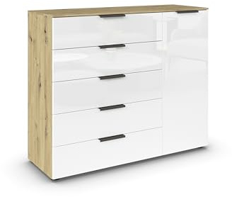 Rauch Möbel Flipp, Kommode, Farbe Glas Weiß/Eiche Artisan, Breite 120 cm | Sideboard, 1-türig, 5 Schubladen, Soft-Close-Funktion, für Schlafzimmer, Gästezimmer, Wohnzimmer, Garderobe, Flur
