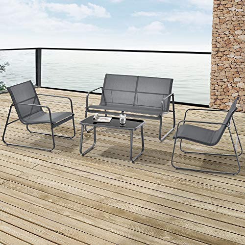 casa.pro Ensemble de Meubles de Jardin 4 Pièces avec Table Basse Banc 2 Chaises 4 Personnes Salon de Jardin Confortable pour Terrasse Balcon Cour Résistant aux Intempéries Acier Verre Polyester Gris