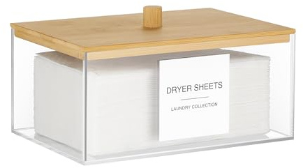 TIPGO Acrylic Dryer Sheet Holder with Lid, Clear Laundry Sheets Container with 27 Labels, Laundry Pods Storage for Laundry Room Organization