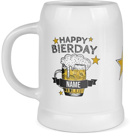 Tassendruck Personalisierter Bierkrug - Happy Bierday - mit Name gestalten - Personalisiertes Geschenk für Biertrinker, Bier Geschenk, Bierkrug bedrucken, Geburtstag | Fotogeschenk, 500 ml, Weiß