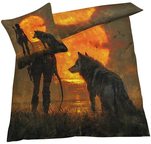 YELDAN Jagd Bettwäsche 140x200 Winter, Sonnenuntergang Wolf Bettbezug 140x200 2er Set, Wendebettwäsche und Kissenbezug, Weiche & Atmungsaktive Mikrofaser Bettwäsche-Sets