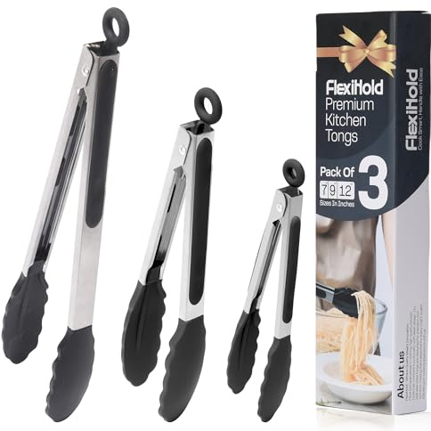 Pack of 3 Stainless Steel Kitchen Tongs with Silicone Tips – Non-Stick Cooking, Grilling & BBQ Tongs for Serving, Dishwasher Safe, 7, 9 & 12, Black