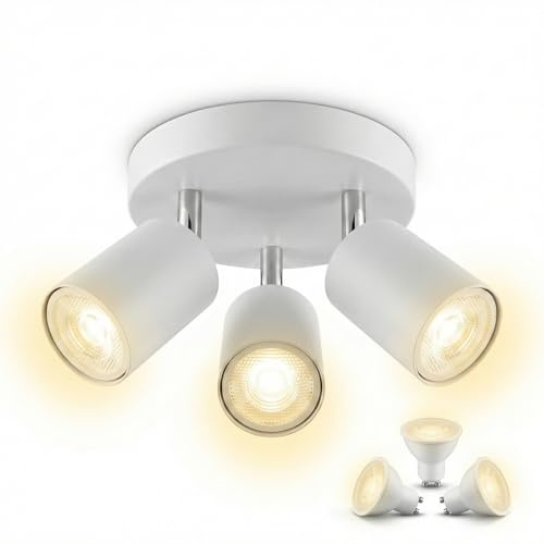 LED GU10 Deckenleuchte 3 Flammig,Deckenstrahler und Wandstrahler Schwenkbar 350°,Spotlight Lampe Deckenlampe für Wohnzimmer Schlafzimmer Küche,Weiße Scheibe(Enthält 3 x 5W Warmweiß GU10 Glühbirnen)