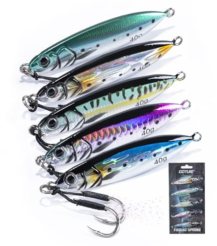 Goture 5 Pcs Fishing Jigs, 40g Vertical Saltwater Jigs with Assist & Treble Hooks, Glow In The Dark, Saltwater & Freshwater, Salmon, Trout, Bass, Tuna, Snapper, Cobia