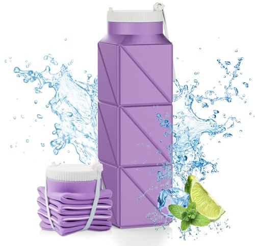 Popdigito 610ml Collapsible Water Bottles Upgrade Foldable Water Bottle BPA Free Reusable Lightweight LeakProof Silicone Water Bottles 20.6oz for Travel Gym Hiking Office Camping Sport Light Purple