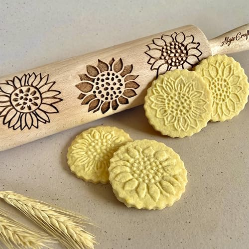 Nudelholz SONNENBLUMEN. Teigrolle mit Sonnenblumen-Motiv für Hausgemachtes Gebäck und Keramik. Präge Teigroller mit Blumen für DIY Küche. Gravierte Nudelholz mit Muster von Algis Crafts