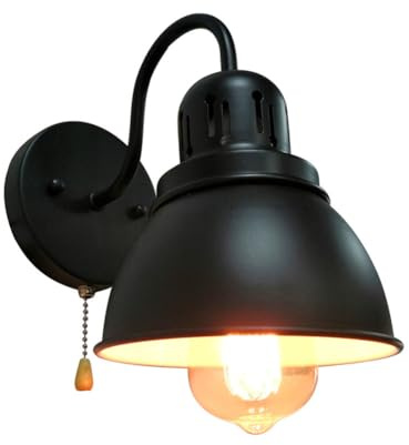 LOGT Schwarz Vintage Wandleuchte mit Schalter Innen Retro Industrie Wandleuchte Metall Antik Design Beleuchtung Wandbeleuchtung mit Zugschalter 1 Flammig für Schlafzimmer, Wohnzimmer, Treppen