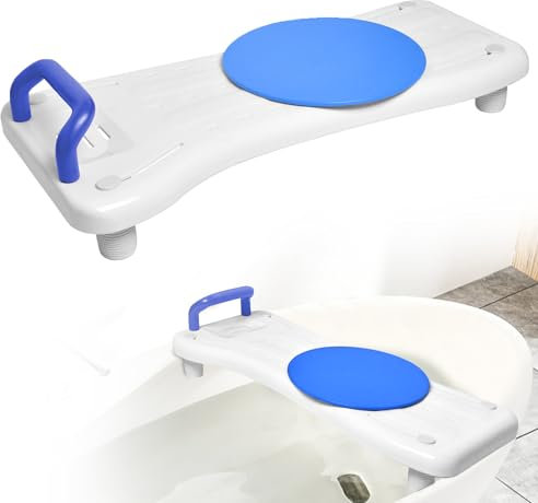 Suusolny Sedile per vasca da bagno per anziani, 70 x 31 cm, regolabile, 41 – 63 cm, per vasca da bagno, portasapone e manico ergonomico 150 kg, manico blu + piastra girevole