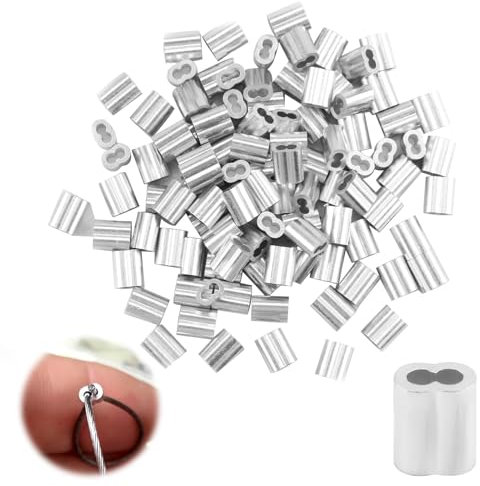 100 Pezzi Ghiere in Alluminio, Fune Metallica in Alluminio Maniche, Morsetto a Doppio Foro per Cavi in Acciaio, Filo Metallico e Cavo Aereo, 2 mm Argento - Robusti e Resistenti alla Corrosione