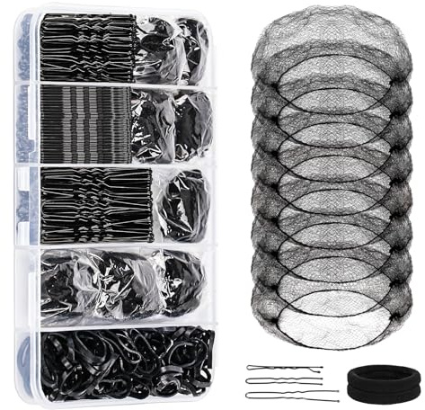 YGQQOY Hair Pins and Hair Net for Buns,Dance Hair Accessories Kit with 100 U-shaped Pins, 50 Bobby Pins, 100 Elastic Rubber Bands, 8 Invisible Hair Nets,2 Hair Ties for Dance Competitions,Black