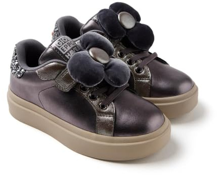 GIOSEPPO, Modelo ALMONT, Sneaker Plateado para niña con Adorno de Flor de Quita y pon. Cierre Cordones elásticos y Ajustable. Suela Tipo Casco.