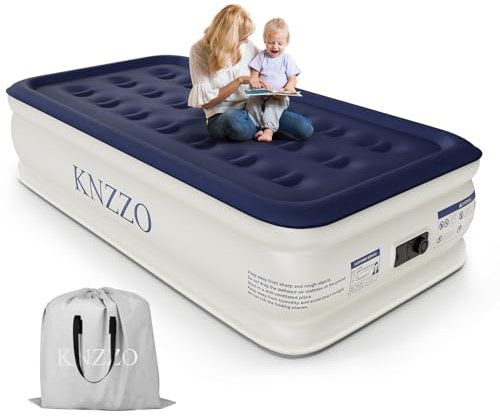 KNZZO Air Mattress Twin with Built-in Pump, Blow Up Mattress with Soft Flocked Top, Leakproof Inflatable Mattress, Foldable Waterproof Air Bed for Home, Guests, Camping, with Storage Bag