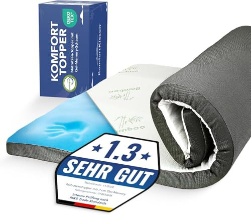 MKS.® Gel Topper 160 x 200 cm – 7 cm Memory Foam Topper con H3 de doble dureza – Espuma de gel que alivia la presión con funda de bambú transpirable y flujo de aire 3D – Antideslizante y lavable