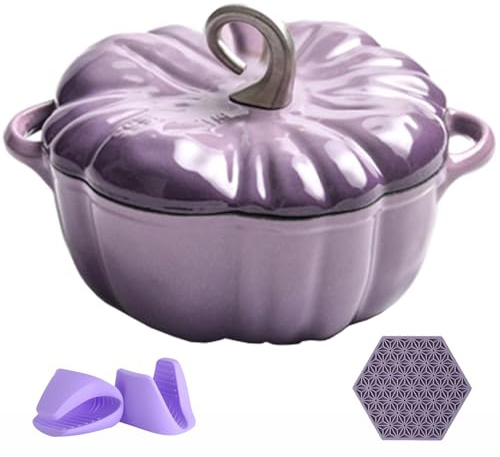 Teglia bassa con coperchio, casseruola in ghisa, forno olandese a forma di zucca, forno olandese in ghisa, pentola a forma di zucca, pentola smaltata con coperchio antiaderente(3.7L)