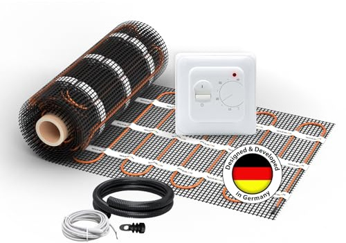 Chauffage au sol électrique pour carrelage : tapis chauffant WARMON Ultra 200 W/m² avec thermostat d'ambiance TS 25 analogique, dimensions du tapis : 3 m²