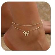 ASOMI Bracelet de cheville en or 18 carats pour femme, double couche, avec perles en forme de nœud, design double couche, bijou de plage chic