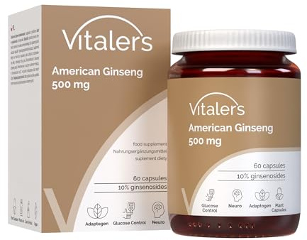 Vitaler's American Ginseng 500 mg - 60 Kapseln, Vegan, 2 Monate Supplementierung Keine Konservierungsstoffe, Reine Zusammensetzung