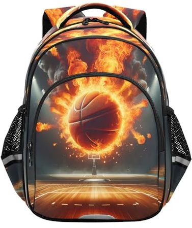RPLIFE Mochila de 15 pulgadas para niños y niñas, mochila escolar de baloncesto en llamas para niños