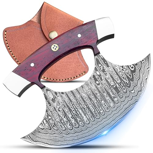Handmade Alaskan Ulu Knife with Leather sheath – Full Tang Damascus Steel ulu knives with Leather Sheath, Mezzaluna Vegetable Chopper & Pizza Cutter for Kitchen, Camping & BBQ, Gifts for Men (Red)