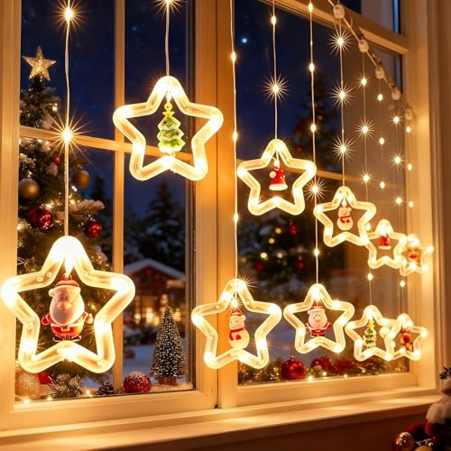 Fohil Lichterkettenvorhang Fenster Weihnachtsdeko, 100LED Sterne Lichtervorhang, Lichtervorhang mit Weihnachtsschmuck, Weihnachtsbeleuchtung Fenster 8 Modi Lichterkette Innen USB