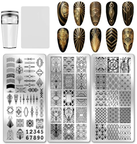 PH PandaHall 3 Stück Nagelstempelplatten Im Europäischen Stil Dekorative Geometrische Nailart Vorlagen Zahlenschablonen Edelstahl Bildplatten Werkzeug Für Frauen Nägel Druck Maniküre Salon Design