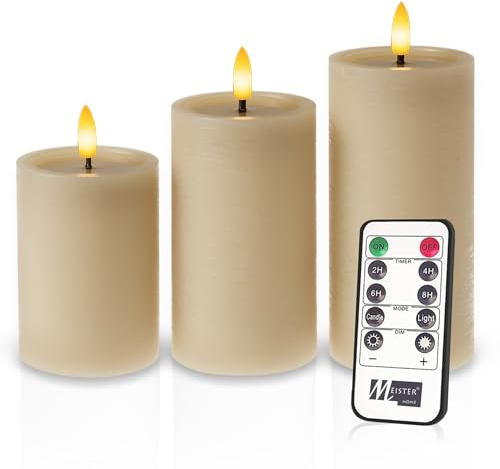 Meisterhome® LED-Kerzen 3er-Set Beige – Flammenlos - mit flackernder Flamme – Rustik Design – Stumpenkerzen mit Fernbedienung & Timer – Batteriebetrieben – Warmweiß – 10/12,5/15 cm Hoch
