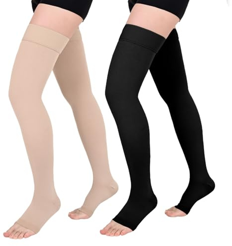 Evolyline 2Paar Lang Kompressionsstrümpfe Damen Herren 15-20mmhg | Offene Zehe Stützstrümpfe Damen Unisex Trombosestruempfe Damen Flug Thigh High Compression Socks For Lipoödem, Dvt
