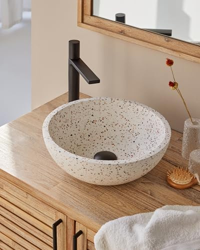 MG Valencia VENECIA WHITE MIX Vasque à Poser en Terrazzo. Lavabo Salle de Bain, Vasque Ronde à Poser, Lavabo WC, Sans Trou pour Robinet, Design Minimaliste, LxLxH:35×35×15cm (Blanc Moucheté)