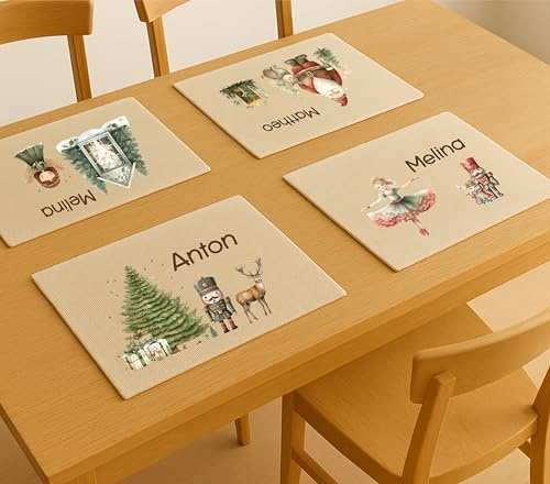 Tischset Kinder Weihnachten personalisiert – Stoff Platzdeckchen mit Namen | Jute-Optik | Motive: Nussknacker, Ballerina, Weihnachtsmann | Platzset waschbar | Frühstücksdeckchen Winter & Advent