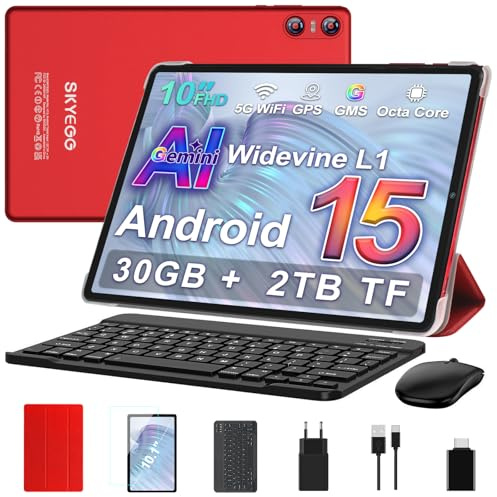 SKYEGG Android 15 Tablette 10 Pouces avec Gemini AI, 30 Go RAM + Extensible Jusqu'à 2 to ROM, Widevine L1, Octa-Core, 5G WiFi, 6000 mAh, BT 5.0, Tablette Tactile avec Clavier et Souris, Rouge