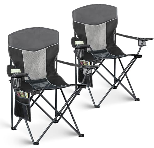 Matrasco Outdoor Camping Chair 2-Pack with Mesh Back, Folding Portable Lawn Chairs with Cup Holder & Side Storage Pocket for Camping, Beach, Picnic, Fishing(Black)