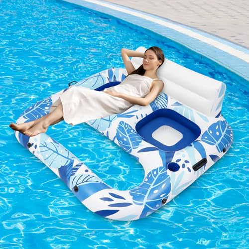 Aufblasbare Wasser Luftmatratze für Erwachsene, 2 Person multifunktionaler Schwimmstuhl mit Getränkehaltern, Rückenlehne & Fußstütze, ideal für Sommerpartys im Pool, Strand & entspannende Wasser-Liege