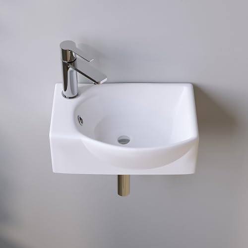 Keramik Waschbecken Badezimmer 40,5x28x12 cm – modern eckig oval klein, mit Hahnloch (links) und Überlauf, ohne Unterschrank, weiß, Wandmontage, ultradünner Rand, Eckwaschbecken, Handwaschbecken