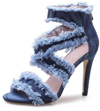 Genérico Botines Punta Abierta Multi Capas Correa Mujer Sandalias Mezclilla Deshilachada Cremallera Trasera Flecos Tacón Stiletto Zapatos De Fiesta