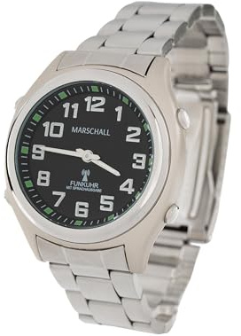 Marschall Deutsch sprechende Herren und Damen Armbanduhr I 1130 I Funkarmbanduhr I Für Blinde, Senioren und Sehbehinderte I Datum- und Zeitansage I Silbernes Metallarmband