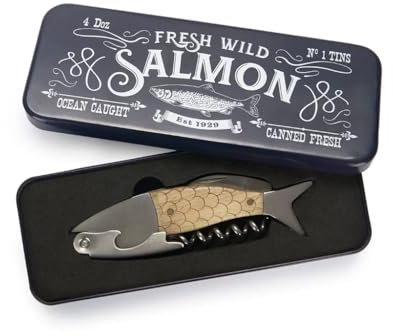 Balvi Sacacorchos Wild Salmon Abrebotellas y Herramienta multifunción con Caja metálica Acero/Madera